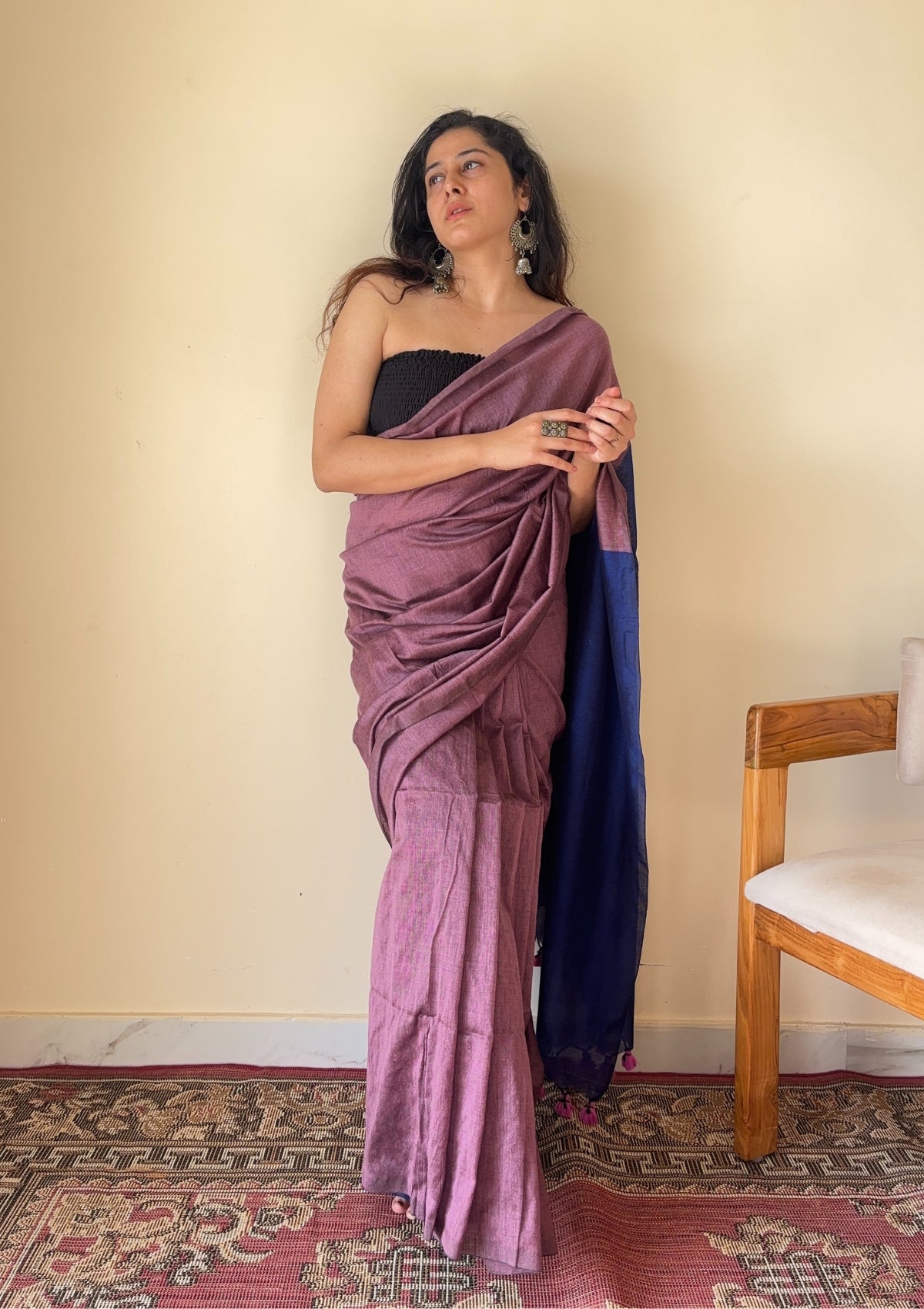 Chitrangada Jamuni with Blue Pallu Mul Cotton Saree
