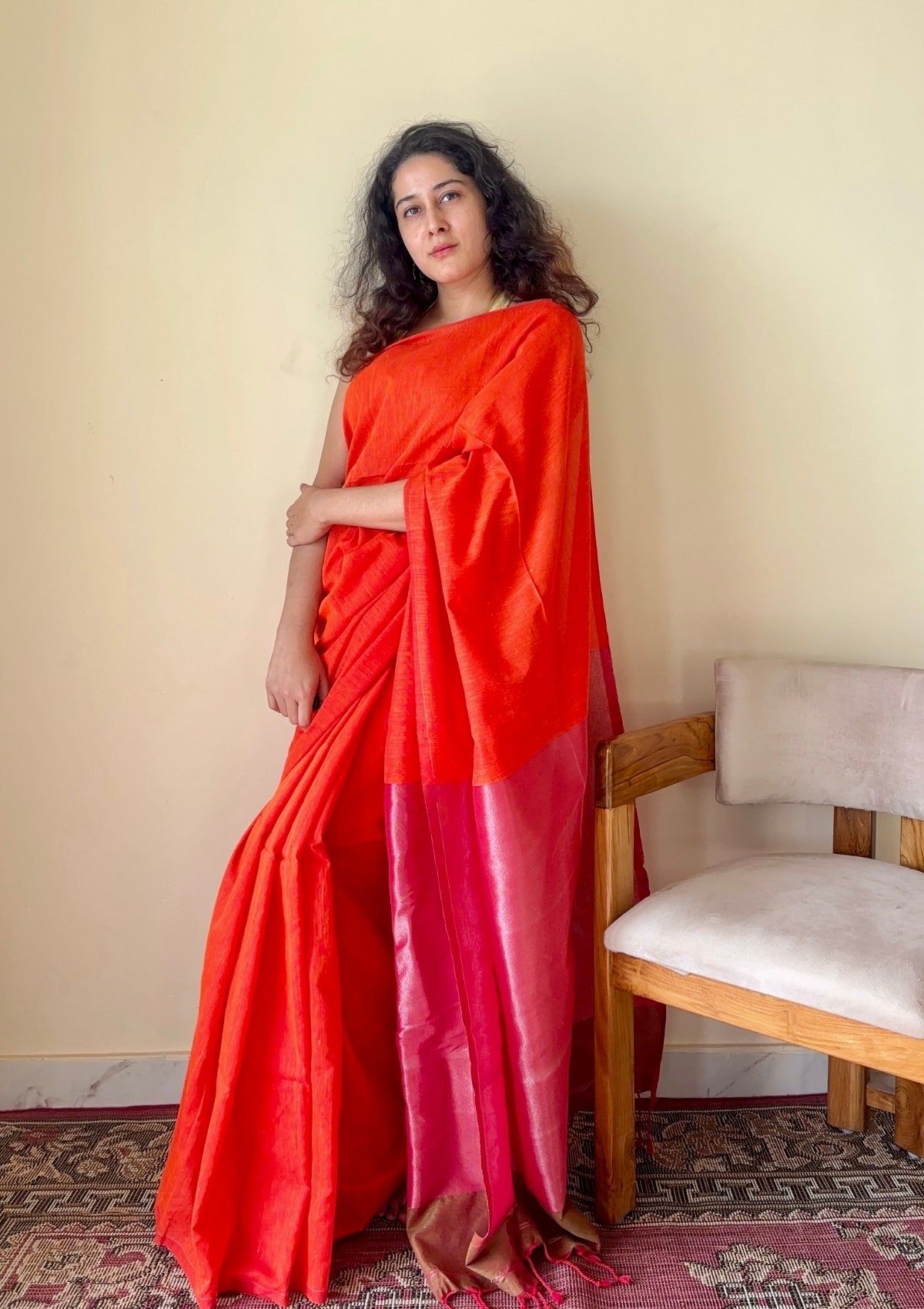 Sanjhvi Orange with Pink Tissue Pallu Pure Cotton Saree