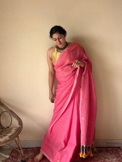 Noor | Pink Bengal Handloom Cotton Saree with Gold Sequin Booti