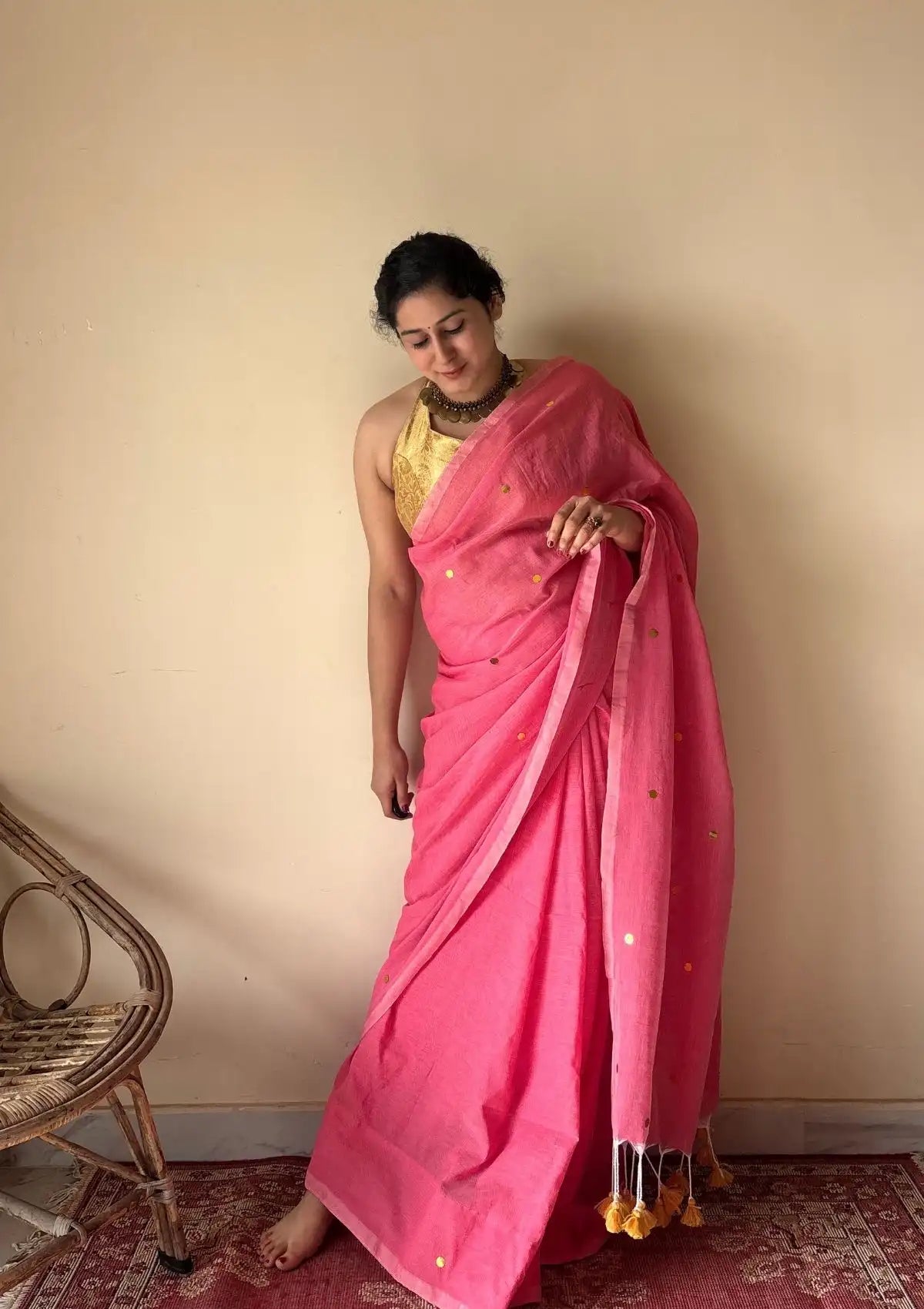 Noor | Pink Bengal Handloom Cotton Saree with Gold Sequin Booti