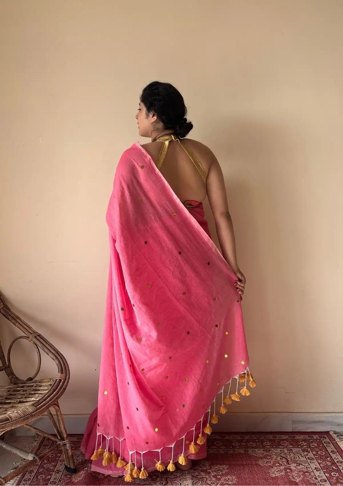 Noor | Pink Bengal Handloom Cotton Saree with Gold Sequin Booti