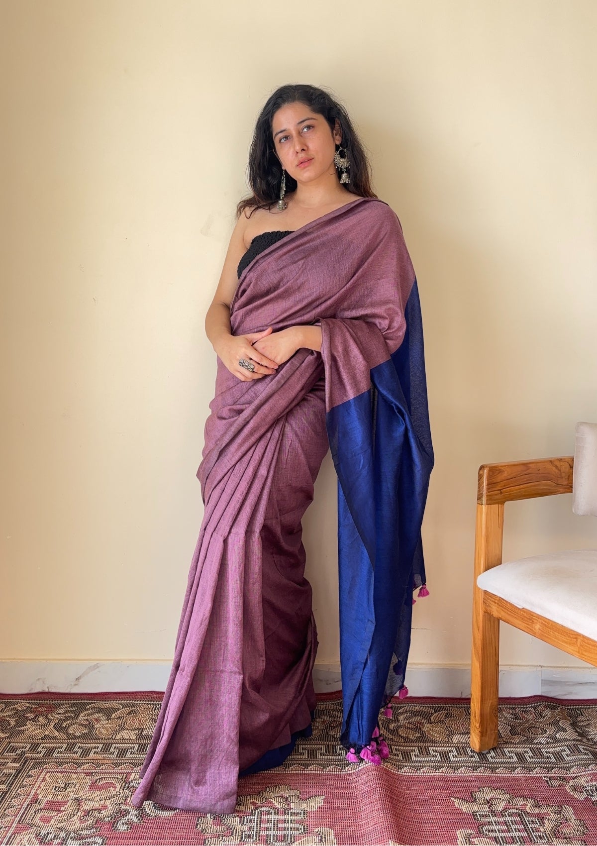 Chitrangada Jamuni with Blue Pallu Mul Cotton Saree