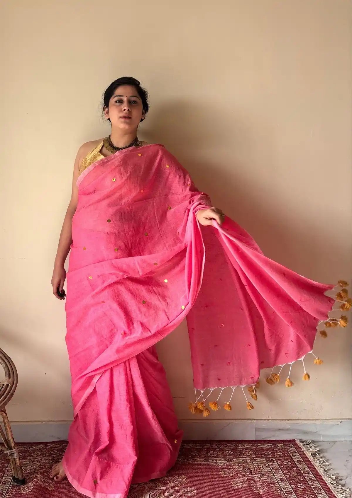 Noor | Pink Bengal Handloom Cotton Saree with Gold Sequin Booti