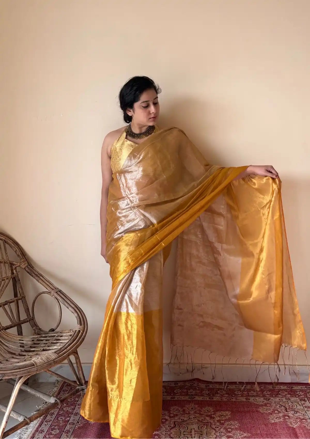 Kanika | Silver Gold Cotton Tissue Handloom Saree