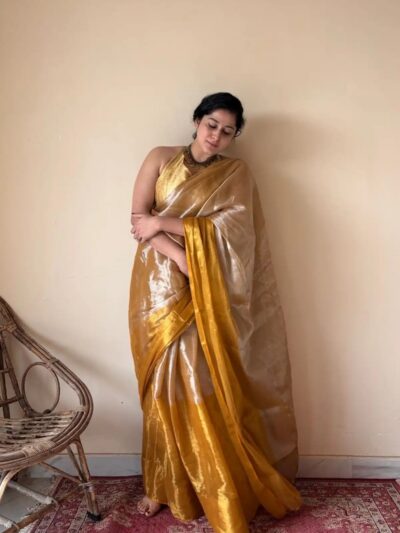 Kanika | Silver Gold Cotton Tissue Handloom Saree
