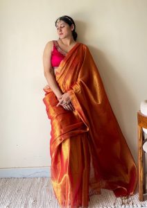 Yamini Orange Handloom Tissue Cotton Saree
