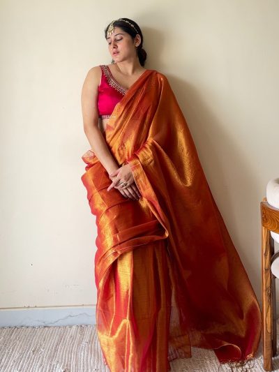 Yamini Orange Handloom Tissue Cotton Saree