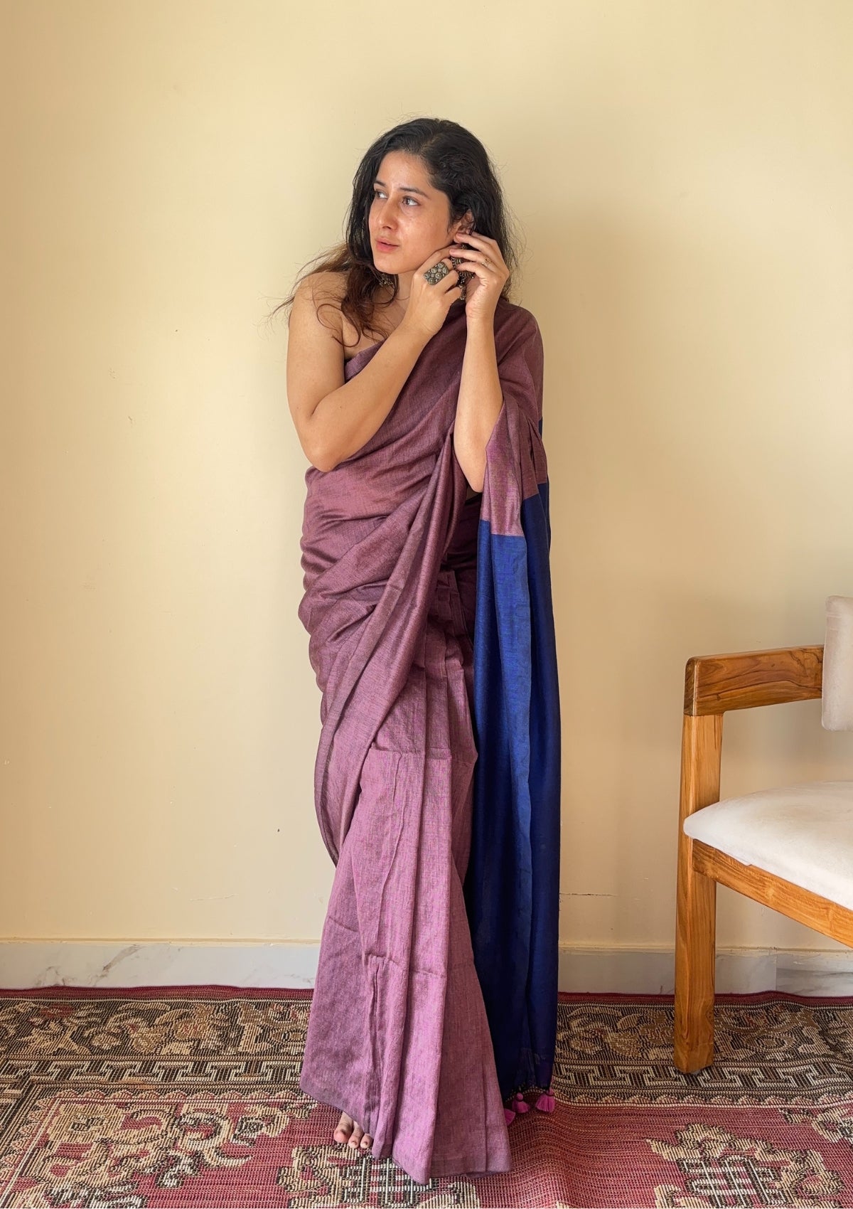 Chitrangada Jamuni with Blue Pallu Mul Cotton Saree