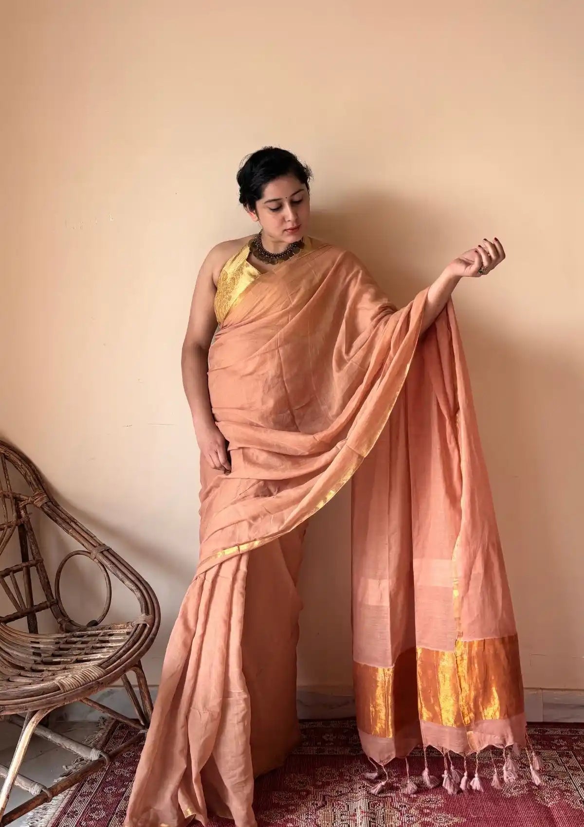 Meher | Blush Mul Cotton Saree with Gold Tissue Pallu