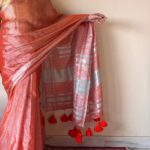 Zariya Coral Linen Tissue Saree with Silver Zari Border