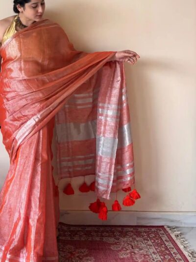 Zariya Coral Linen Tissue Saree with Silver Zari Border