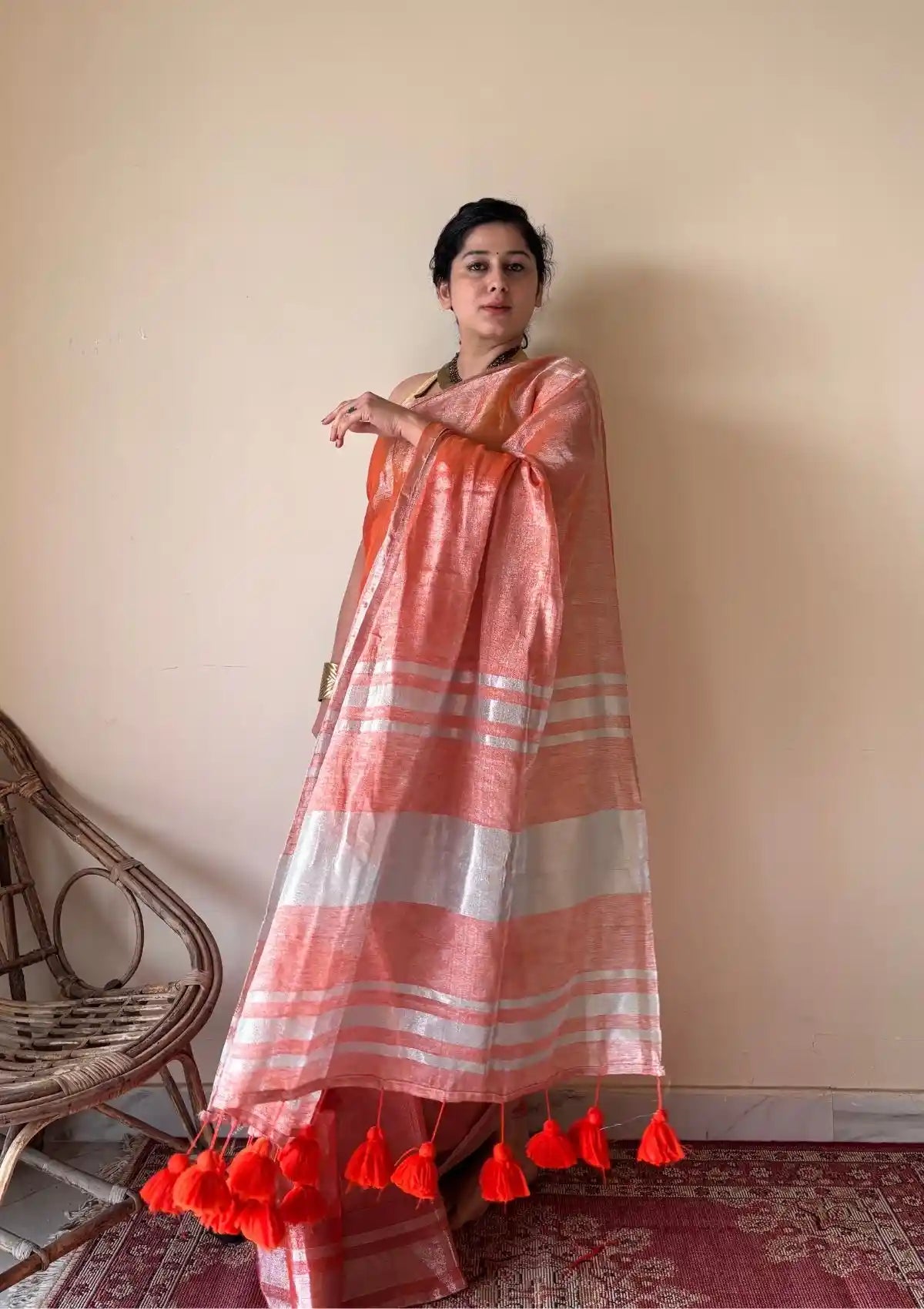 Zariya Coral Linen Tissue Saree with Silver Zari Border