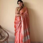 Zariya Coral Linen Tissue Saree with Silver Zari Border
