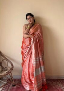 Zariya Coral Linen Tissue Saree with Silver Zari Border