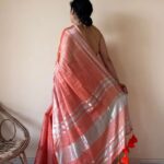 Zariya Coral Linen Tissue Saree with Silver Zari Border