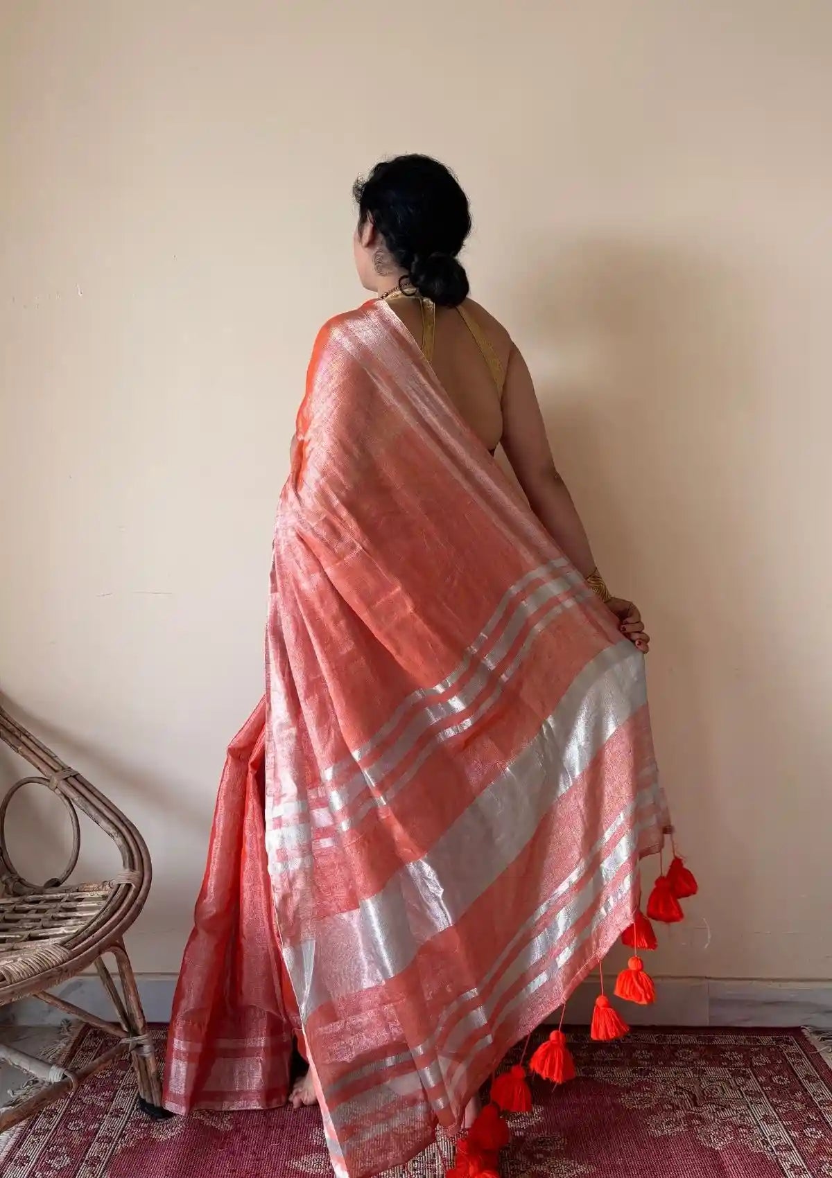 Zariya Coral Linen Tissue Saree with Silver Zari Border