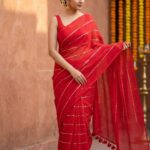 Rooh Red Mul Cotton Gold Sequin Stripe Saree