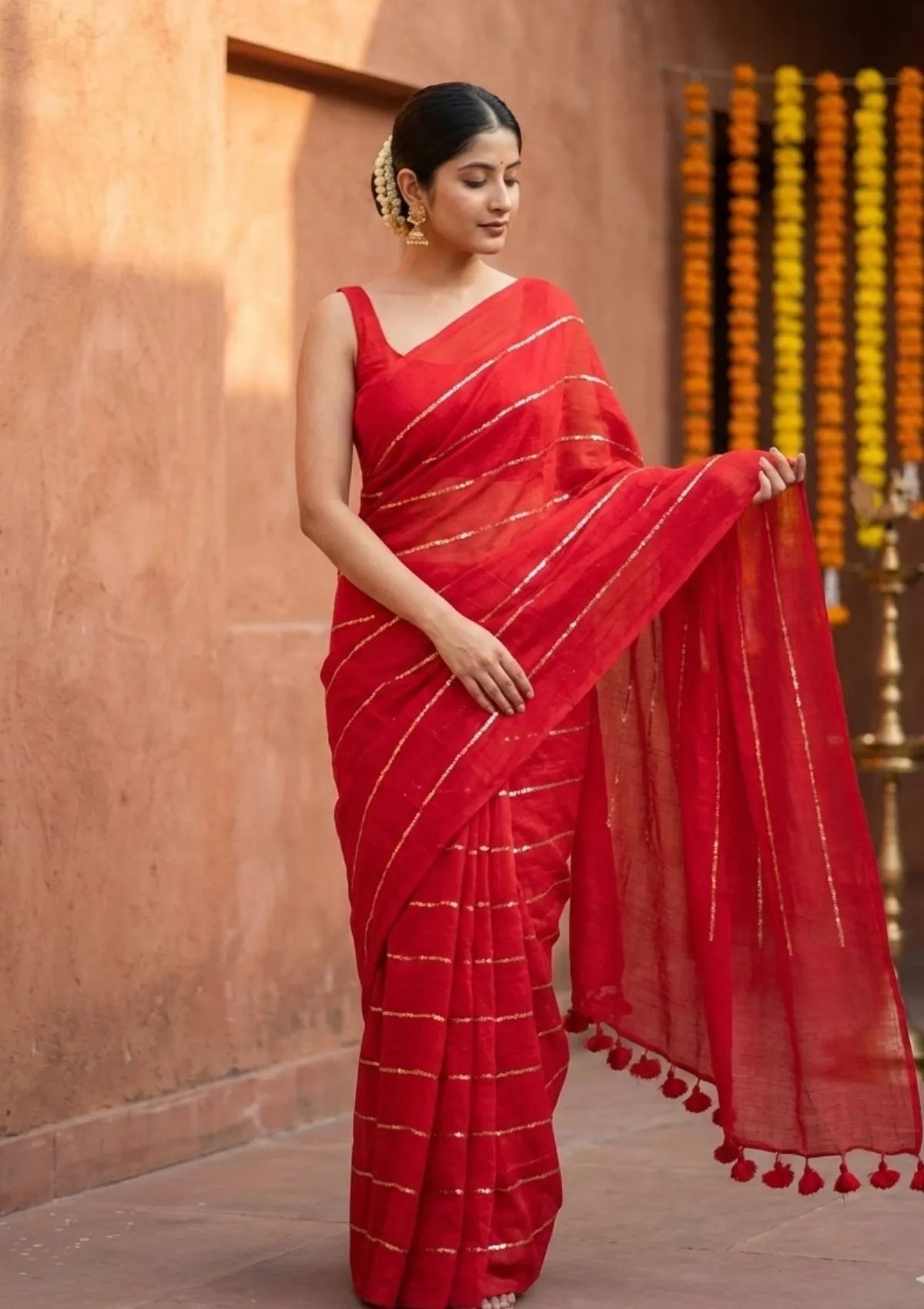 Rooh Red Mul Cotton Gold Sequin Stripe Saree
