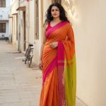 Charu Orange and Lime Green Pure Handloom Cotton Saree