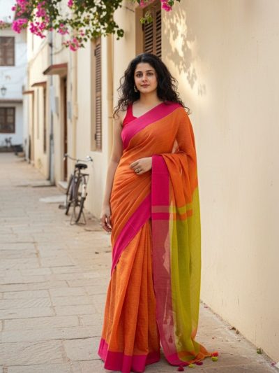 Charu Orange and Lime Green Pure Handloom Cotton Saree
