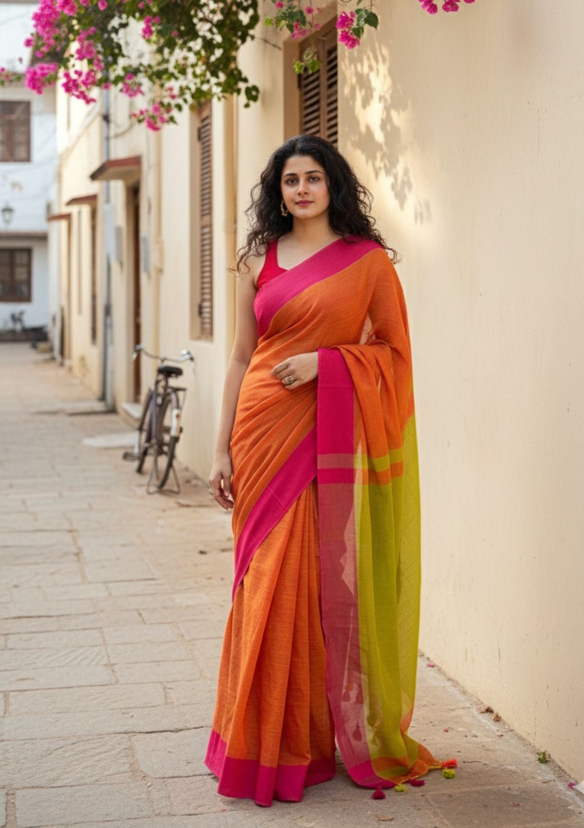 Charu Orange and Lime Green Pure Handloom Cotton Saree