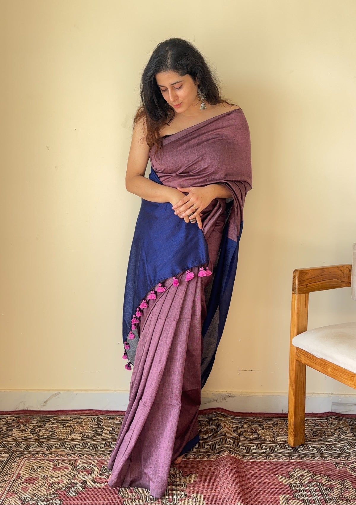 Chitrangada Jamuni with Blue Pallu Mul Cotton Saree