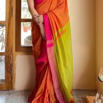 Charu Orange and Lime Green Pure Handloom Cotton Saree