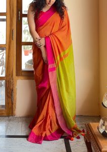 Charu Orange and Lime Green Pure Handloom Cotton Saree