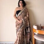 Adya Linen Cotton Bagru Handblock Printed Saree | Black & Beige