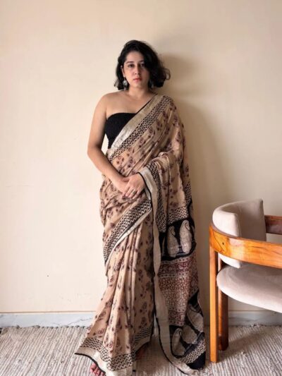 Adya Linen Cotton Bagru Handblock Printed Saree | Black & Beige