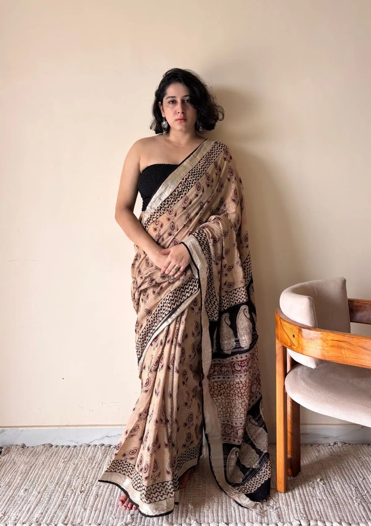 Adya Linen Cotton Bagru Handblock Printed Saree | Black & Beige