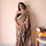 Adya Linen Cotton Bagru Handblock Printed Saree | Black & Beige