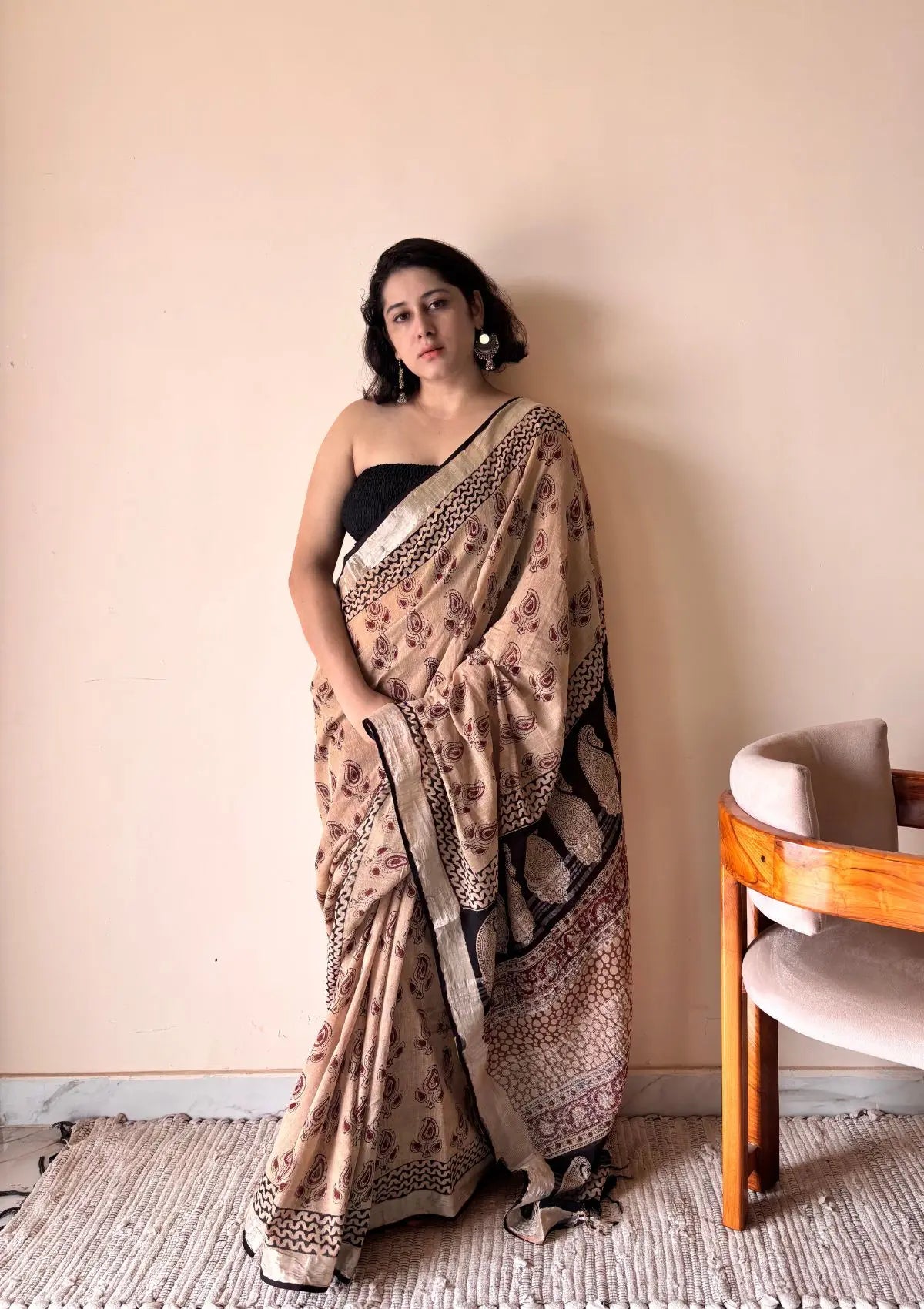 Adya Linen Cotton Bagru Handblock Printed Saree | Black & Beige