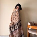Adya Linen Cotton Bagru Handblock Printed Saree | Black & Beige