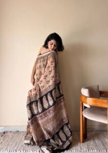 Adya Linen Cotton Bagru Handblock Printed Saree | Black & Beige