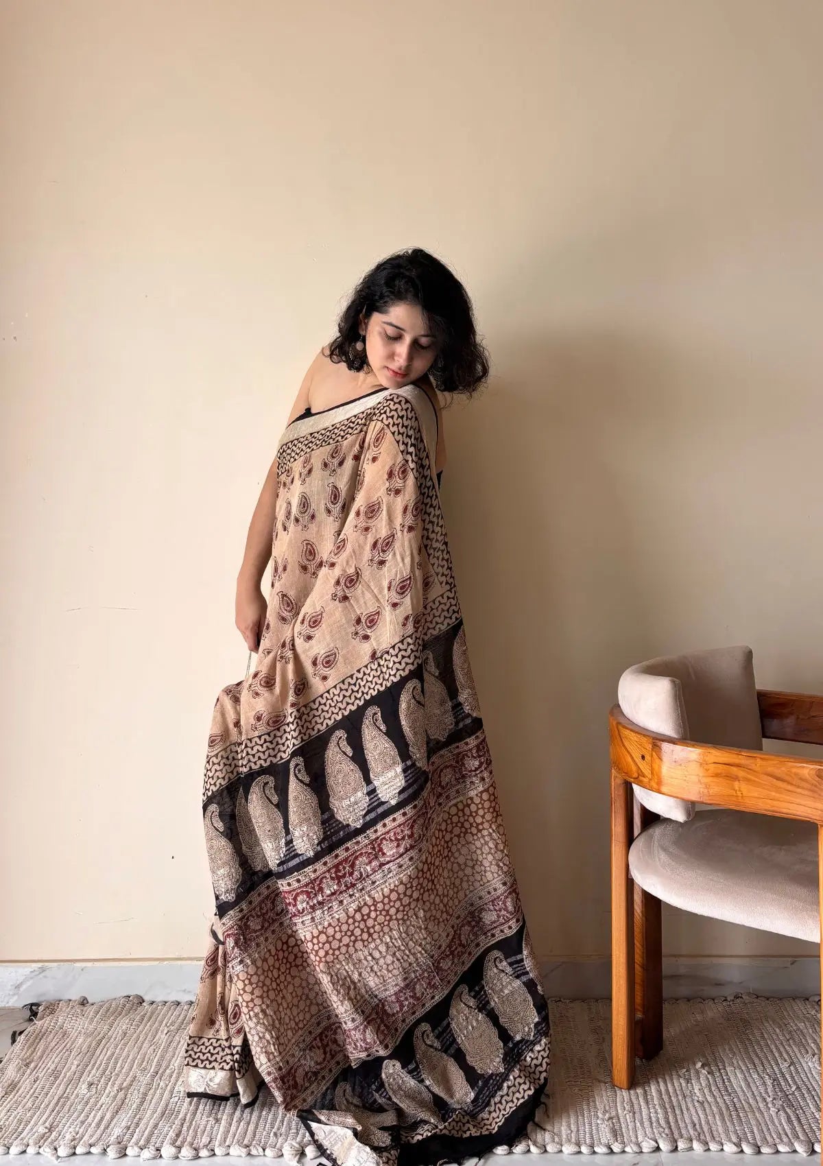 Adya Linen Cotton Bagru Handblock Printed Saree | Black & Beige