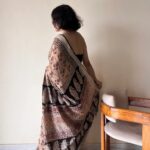 Adya Linen Cotton Bagru Handblock Printed Saree | Black & Beige