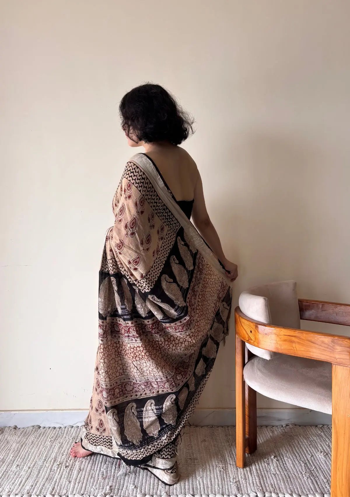 Adya Linen Cotton Bagru Handblock Printed Saree | Black & Beige