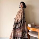 Adya Linen Cotton Bagru Handblock Printed Saree | Black & Beige