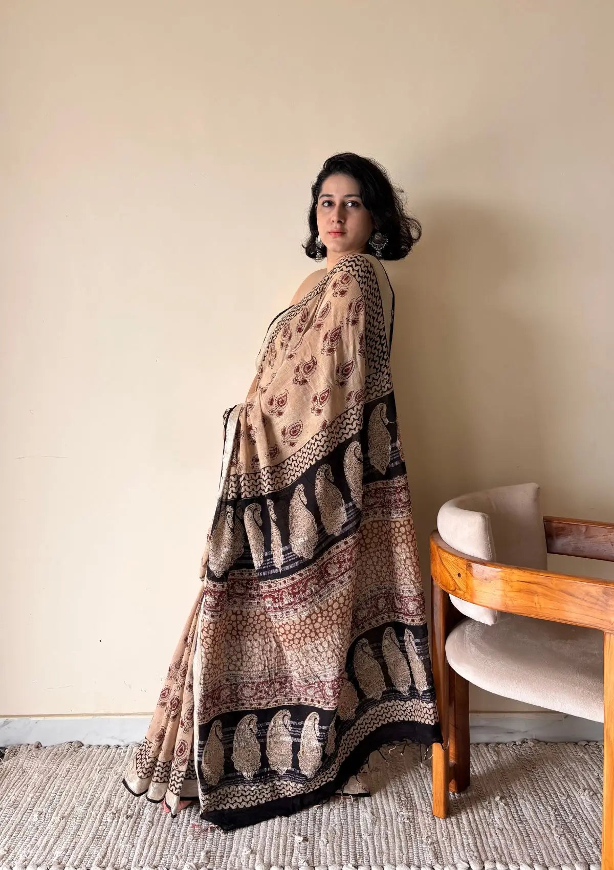 Adya Linen Cotton Bagru Handblock Printed Saree | Black & Beige