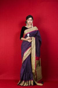 Saanvi | Rust Bengal Handloom Cotton Saree with Gold Sequin Booti