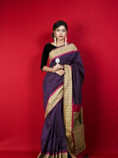 Saanvi | Rust Bengal Handloom Cotton Saree with Gold Sequin Booti