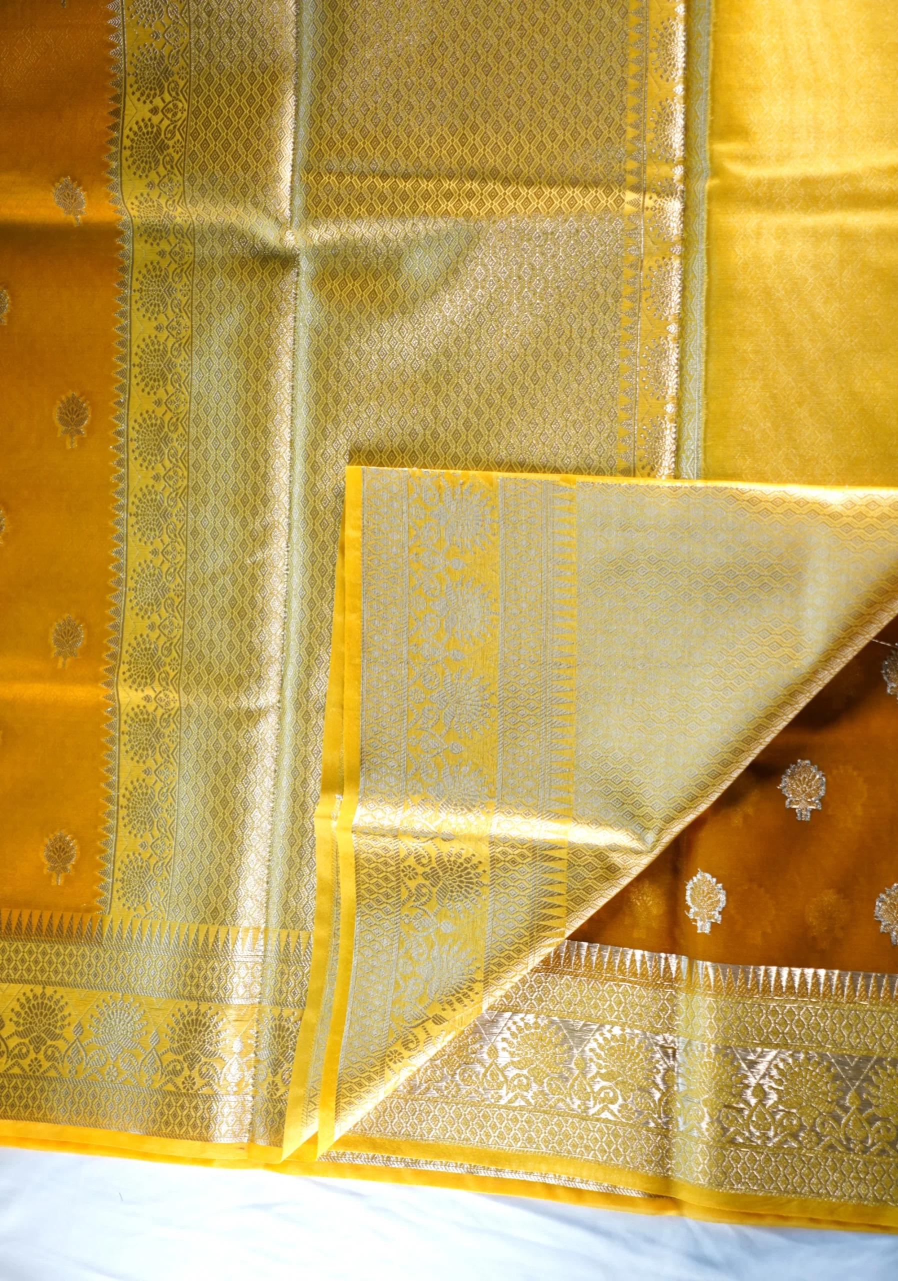 Mustard Yellow Banarasi Kora Art Silk Saree