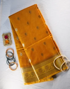 Mustard Yellow Banarasi Kora Art Silk Saree